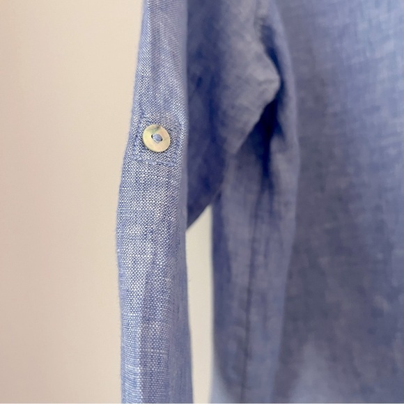 Tahari 100% Linen Blue Round Neck Button Up Shirt Contemporary Preppy Coastal 1X - Picture 7 of 14